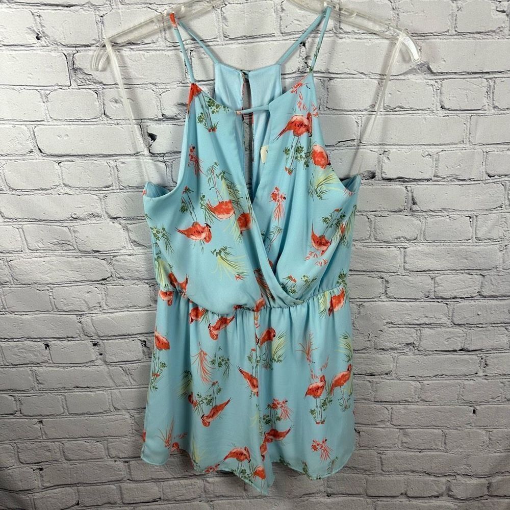 Everly Romper Blue with Flamingos Surplice Front Spaghetti Straps Summer L